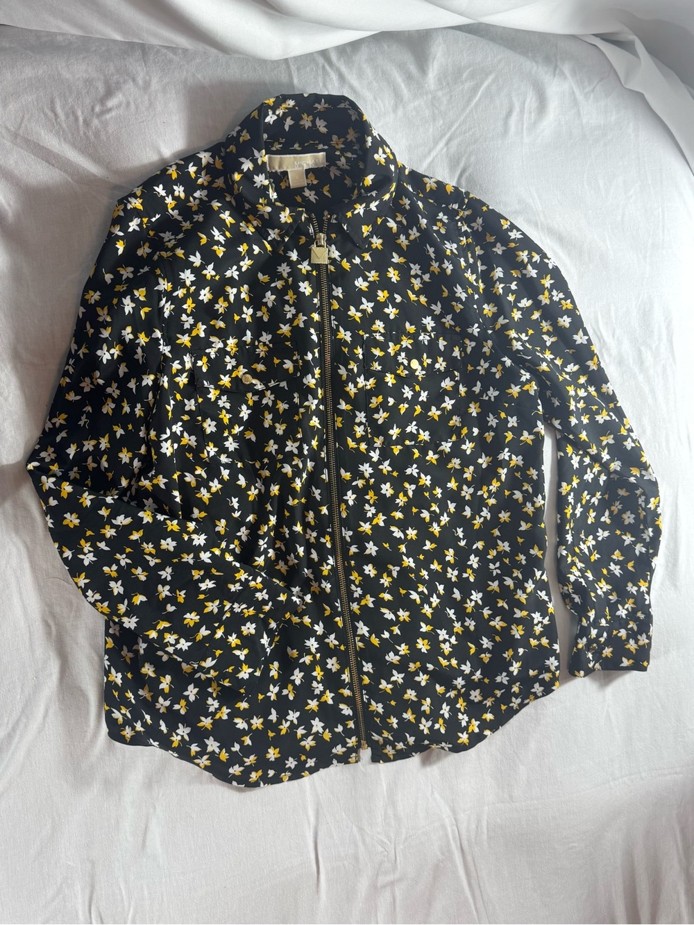 Michael Kors Floral Zip-Front Long Sleeve Blouse Black Yellow Large L Boho